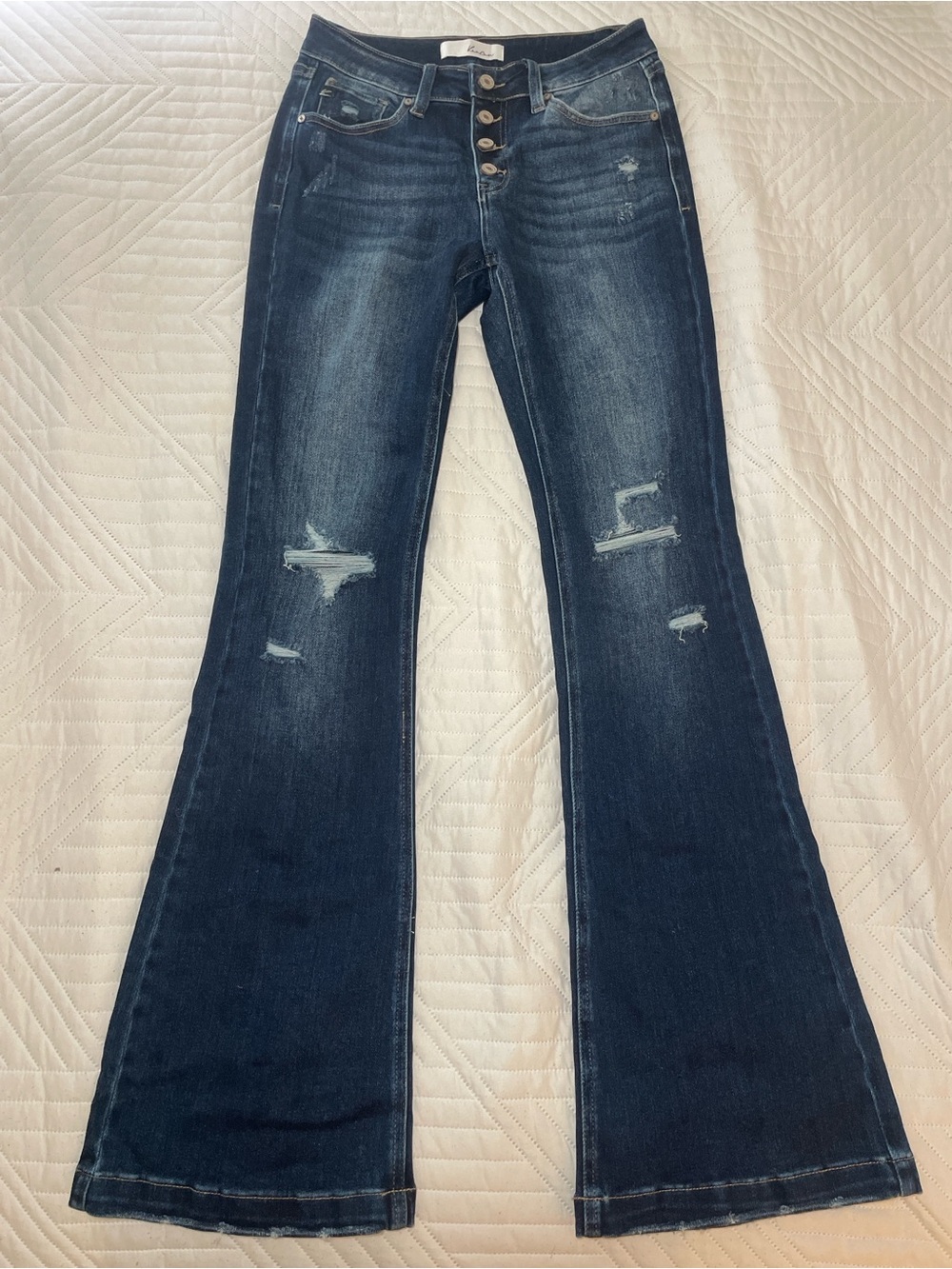 KANCAN Women's Dark Blue Distressed Flare Jeans